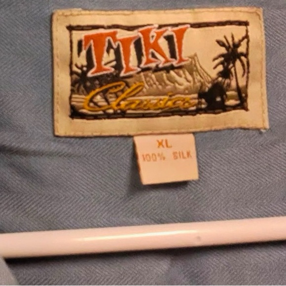 Tiki Classic Palm Tree 100% Silk Tropical Vibes Men's Blue and Cream Shirt - Picture 8 of 8